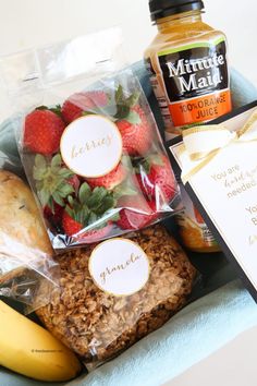 a basket filled with fruit and nuts next to a jar of peanut butter on top of a table