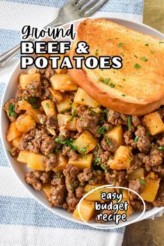 ground beef and potatoes in a white bowl with a fork on the side text reads ground beef and potatoes easy budget recipe