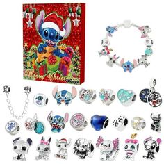 an assortment of charms and bracelets are shown in front of a christmas card