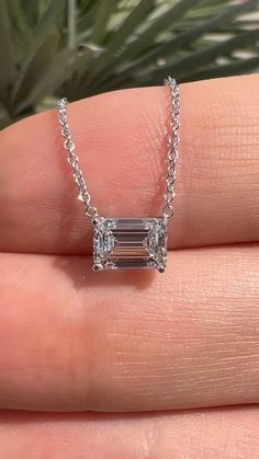 Lab Grown Emerald East-West Diamond Solitaire Necklace Timeless Emerald Cut Diamond Necklace, 14k Gold Emerald Cut Emerald Necklace, 14k Gold Emerald Cut Solitaire Necklace, Emerald Cut Diamond Necklace With 14k Gold Accents, 14k Gold Emerald Cut Diamond Necklace, Band Necklace, Emerald Cut Diamond