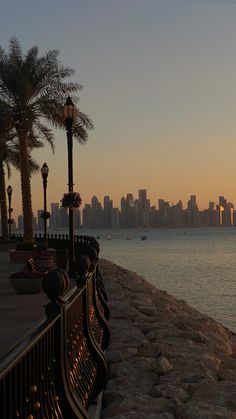 the sun is setting over the water and palm trees in front of a city skyline