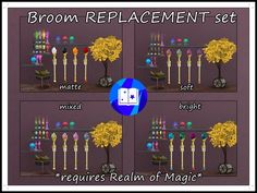 there are four pictures with different items in the same frame and text below that says, brown replacement set requires real of magic