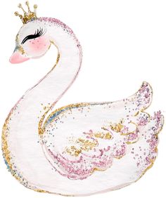 a watercolor painting of a white swan wearing a tiara with gold glitters