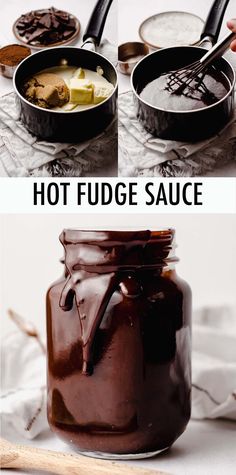 hot fudge sauce in a glass jar with spoons next to it and another photo showing the process