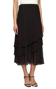 Petite Tea-Length Asymmetric Triple Tier Chiffon Skirt 1920s Skirt, Black Chiffon Skirt, Skirt Tiered, Tea Length Skirt, Womens Tea, Evening Skirts, Formal Skirt, Alex Evenings, Black Chiffon