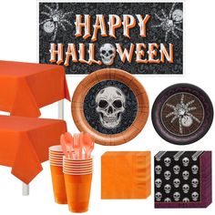 halloween party supplies including plates, napkins and decorations