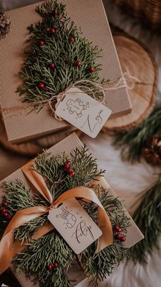 two boxes with christmas decorations on them are sitting next to pine cones and red berries