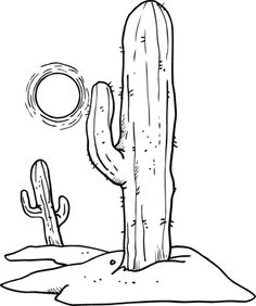 a black and white drawing of a cactus in the desert