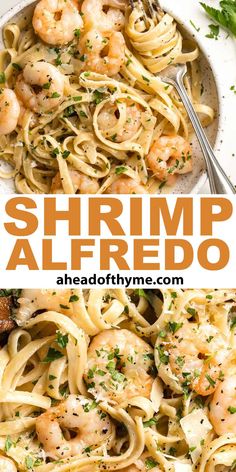 shrimp alfredo with noodles and parsley in a white bowl next to the same dish