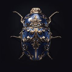 a blue and gold bug with ornate designs on it's back end, against a black background