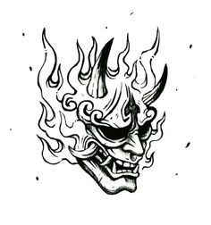 a black and white drawing of a demon mask with flames on it's face