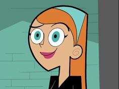 a cartoon girl with blue eyes and long red hair, wearing a black shirt in front of a brick wall