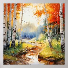 an oil painting of a stream running through a forest with trees in the fall colors