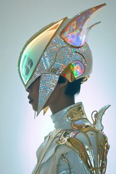 a woman wearing an elaborate headpiece made out of holographics