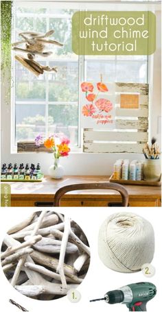 the instructions for how to make driftwood wind chime art project with wood sticks