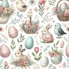 an easter themed wallpaper with pastel colors and floral designs, including birds, eggs, flowers, and bunnies