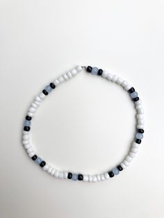 Light blue stone bead centered between black and white seed beads Seed Bead Bracelets For Guys, Blue And White Beads Bracelet, Design For Bracelet, Bracelet Beads Design Ideas, Beaded Blue Bracelets, Little Bead Bracelet Ideas, Blue And White Beaded Bracelet, Cool Bracelet Ideas With Beads, Small Beads Bracelets Ideas