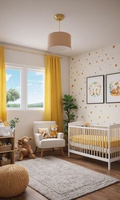 a baby's room with yellow curtains and polka dot wallpaper