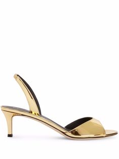 gold-tone leather metallic finish slingback strap open toe branded insole mid heel Elegant Gold T-strap Open Toe Sandals, Luxury Gold T-strap Sandals, Zanotti Heels, Elegant Gold Leather T-strap Sandals, Luxury Gold T-strap Open Toe Sandals, Luxury Gold-tone Hardware Open Toe Sandals, Giuseppe Zanotti Shoes, Gold Shoes, Gold Heels