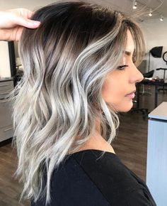 Brown Color Melt To Blonde, Highlights To Blend Grey On Brown Hair, Short White Blonde Hair Dark Roots, Trendy Gray Hairstyles, Smudge Root Blonde Balayage Money Piece, Lightened Blonde Hair, Brown Silver Balayage, Blond Balayage Hair On Brown Hair