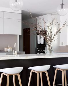 three bar stools in front of a kitchen island