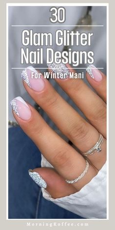 Sparkly Tipped Nails, Waterfall Glitter Nails, Glitter White Nails Sparkle, French Tip Nails With One Glitter Nail, Simple Sparkly Christmas Nails, Christmas Nails Neutral Sparkle, Sparkle Nail Art Designs, New Year’s Gel Nails, Holiday Nails French Tip Sparkle