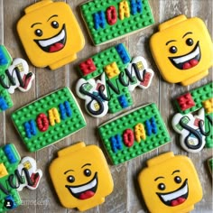 decorated cookies with legos and words on them