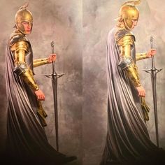 two images of a man in armor holding swords