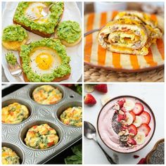 there are pictures of different foods and desserts on the table, including eggs in muffin tins