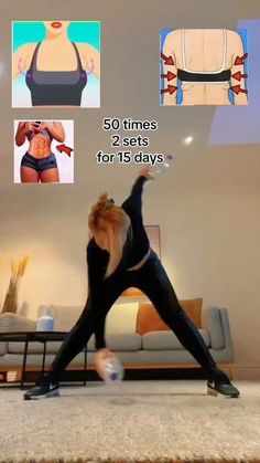 the woman is doing exercises in her living room