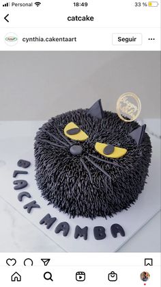 a black cat cake on top of a white table with the words happy birthday written below it