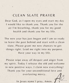 a poem written in black and white with the words clean slate prayer on it's side