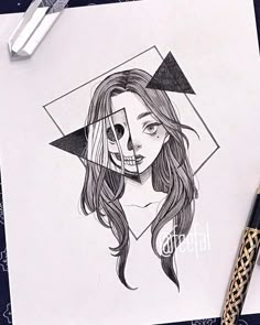 a pencil drawing of a girl with long hair and a skull on her face, next to a pen