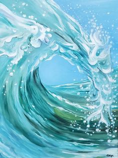 a painting of an ocean wave with white bubbles on the water and blue sky in the background