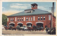 an old postcard with horses and carriages in front of a building