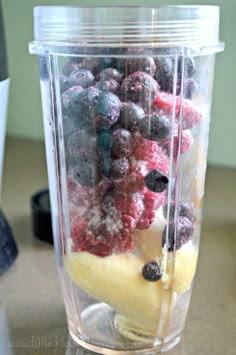 a blender filled with blueberries, raspberries and bananas