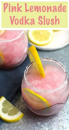 the pink lemonade vodka slush is garnished with lime