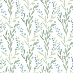 blue berries and green leaves are on the white wallpaper in this seamlessly pattern