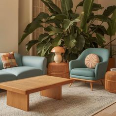 a living room filled with furniture and plants