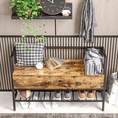 a wooden bench sitting next to a wall mounted clock