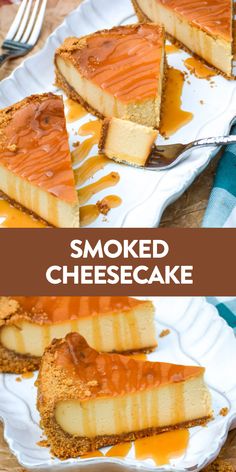 this is an image of sliced cheesecake with caramel sauce