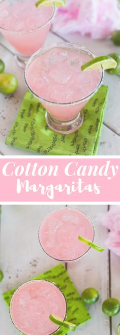 two glasses filled with pink lemon margaritas on top of a green napkin next to flowers