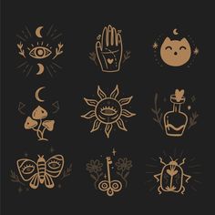 an assortment of different symbols on a black background, including sun, moon and hand