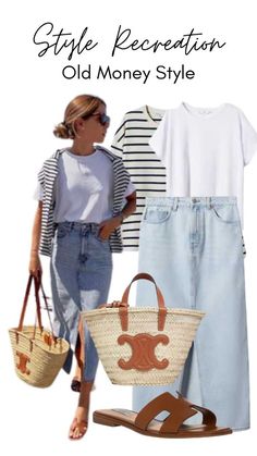 Old Money Vacation, Outfit Denim Skirt, Denim Midi Skirt Outfit, Outfit Europe, Denim Skirt Outfit, Skirt Outfit Summer, Spring Summer Capsule Wardrobe, Outfit Denim, Looks Jeans