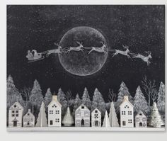 a black and white drawing of santa's sleigh in the night sky