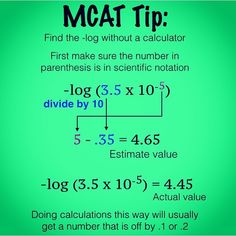 a green poster with the words mcat tip find the log without a calculator