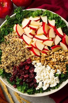 an apple and cranberry salad in a white bowl with apples on the side