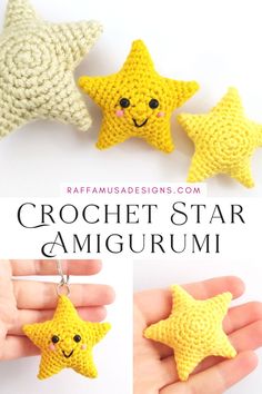 a collage of pictures showing the Amigurumi star crocheted with different kinds of yarns Crochet Keyring Free Pattern, Ornament Inspiration, Crochet Baby Mobiles, Keychain Pattern, Crochet Star