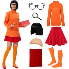 a woman in an orange shirt and red skirt is standing next to various items that include glasses, hair, headbands