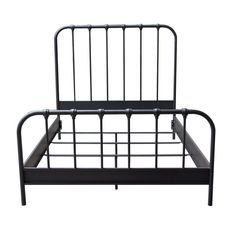 a metal bed frame with black slats